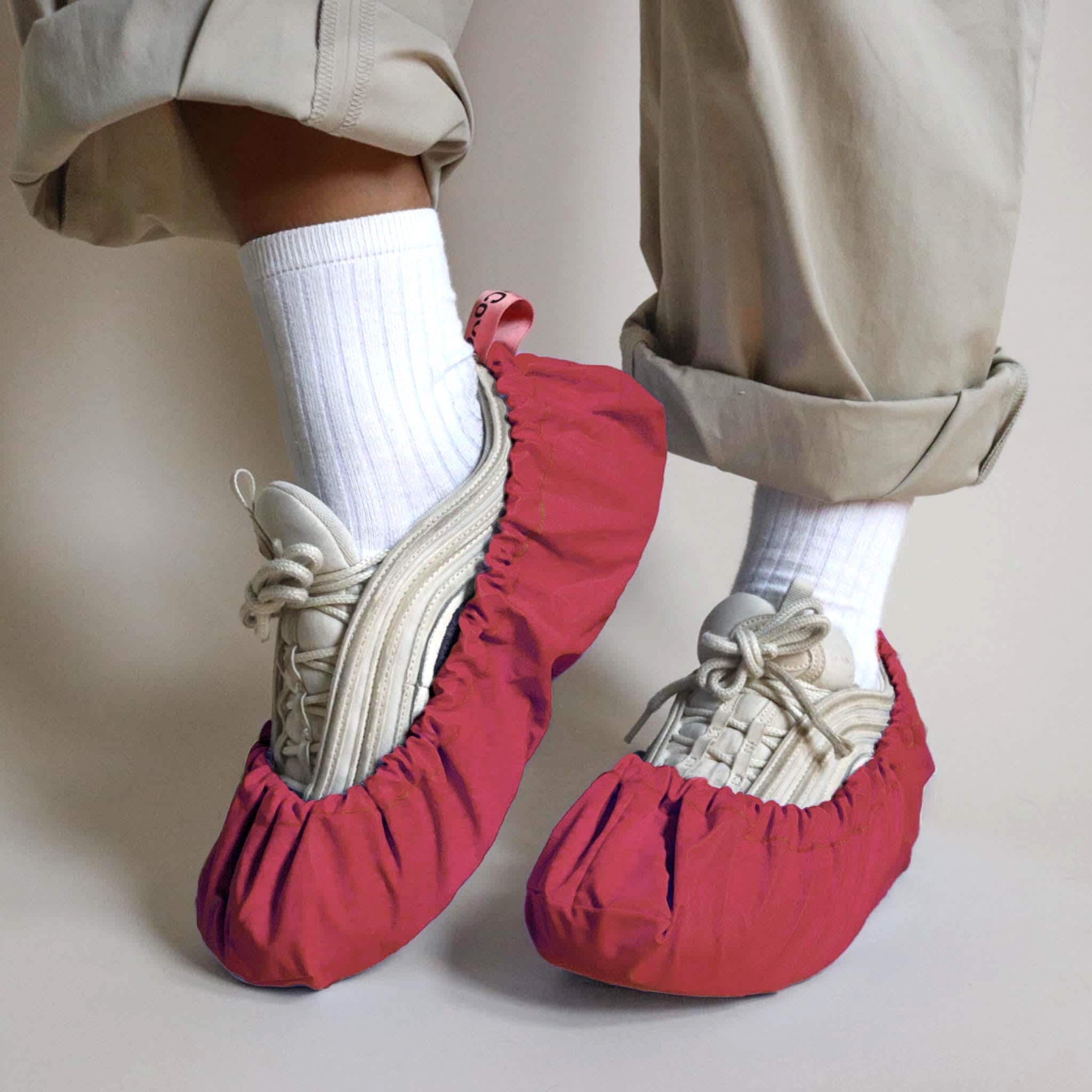 reusable shoe covers:   upcycled   waterproof   anti-slip   washable   (red)