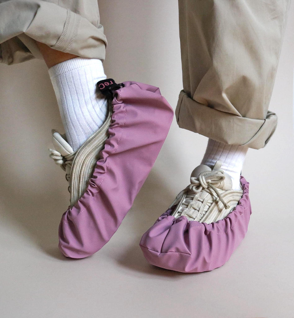 reusable shoe covers:  upcycled  waterproof  anti-slip  washable  (pink/purple)