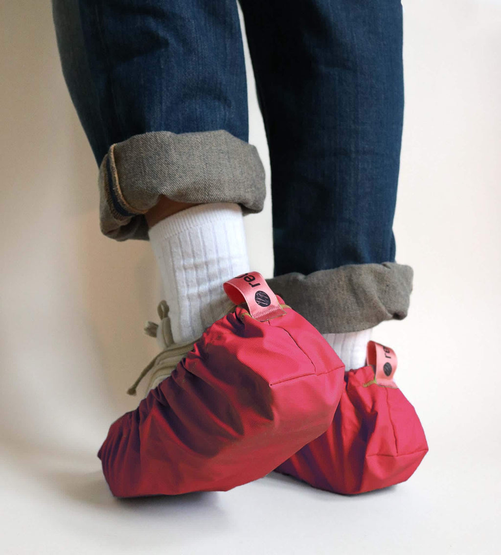 reusable shoe covers:   upcycled   waterproof   anti-slip   washable   (red)