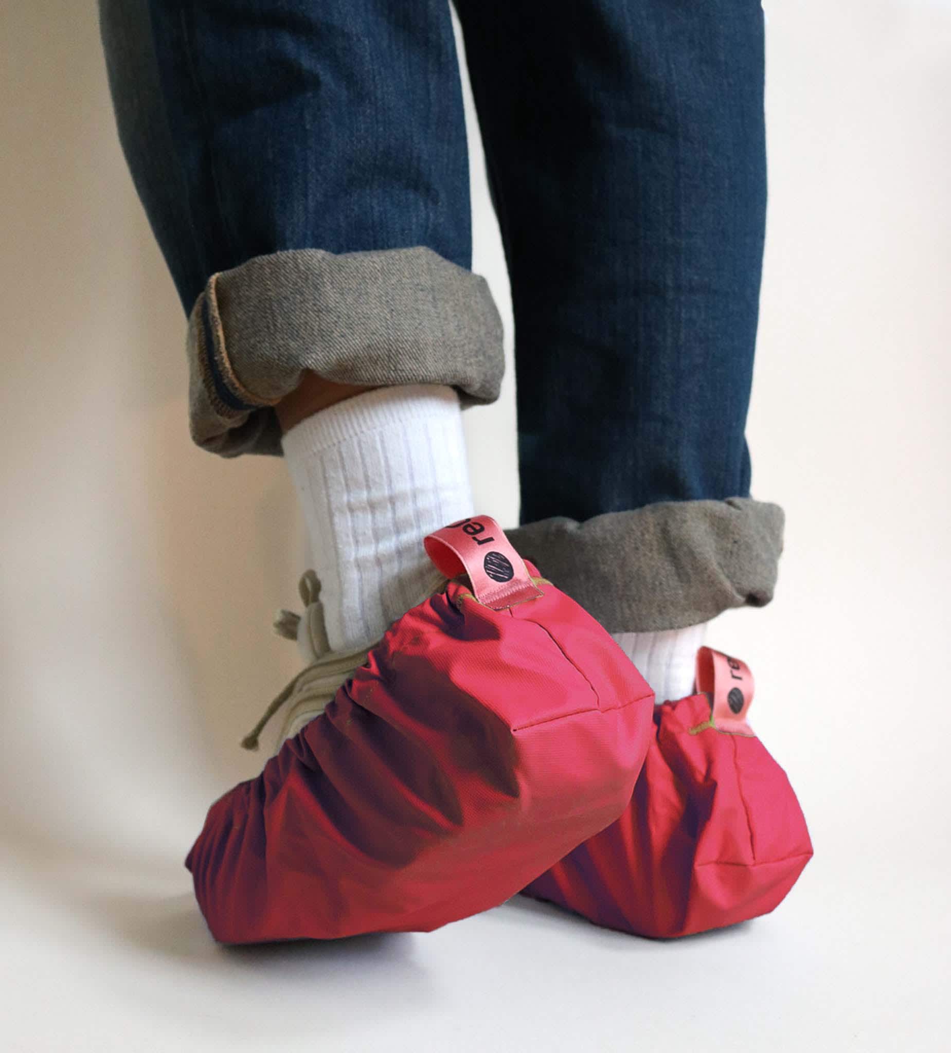 reusable shoe covers:   upcycled   waterproof   anti-slip   washable   (red)