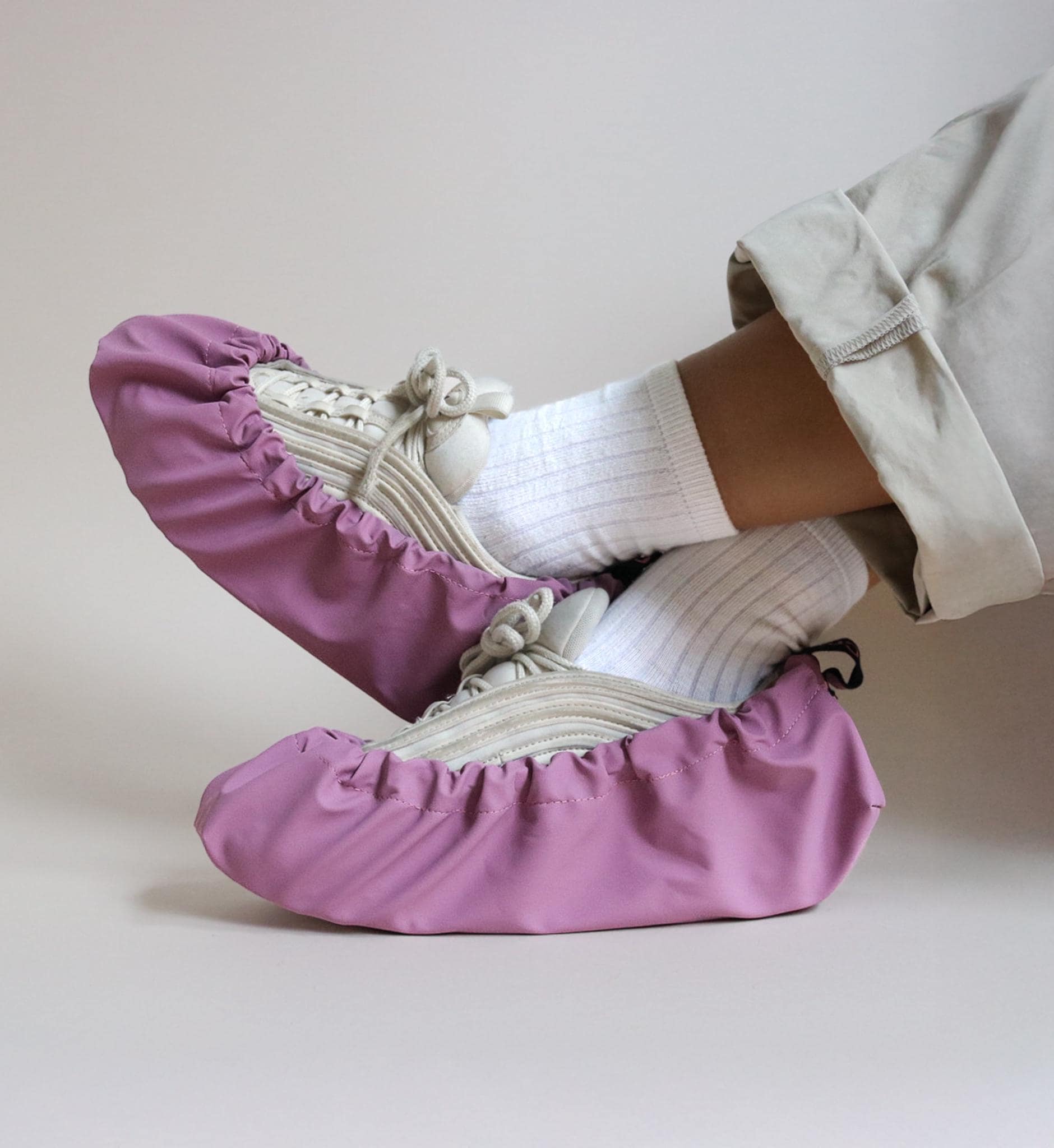 reusable shoe covers:  upcycled  waterproof  anti-slip  washable  (pink/purple)